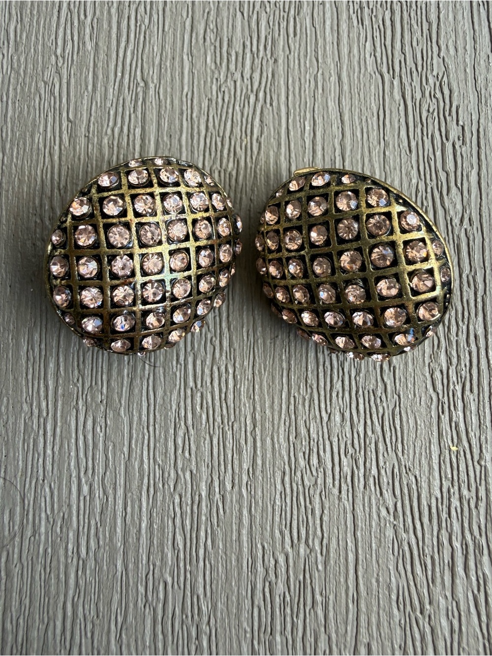Vintage Pink Rhinestone Dome Clip On Earrings Gold Tone